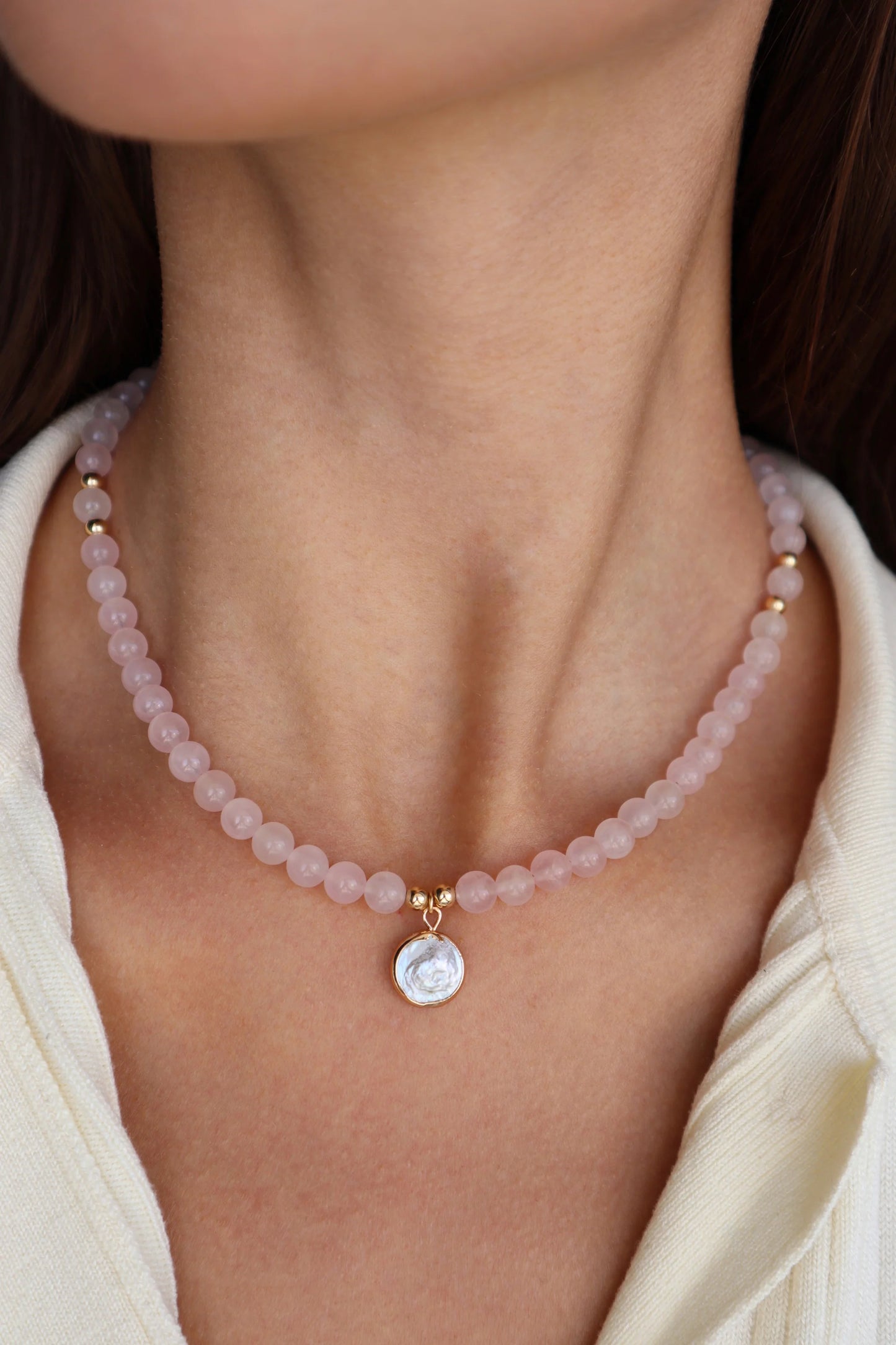 Rose Quartz Necklace with Mother of Pearl Pendant | Love & Emotional Healing