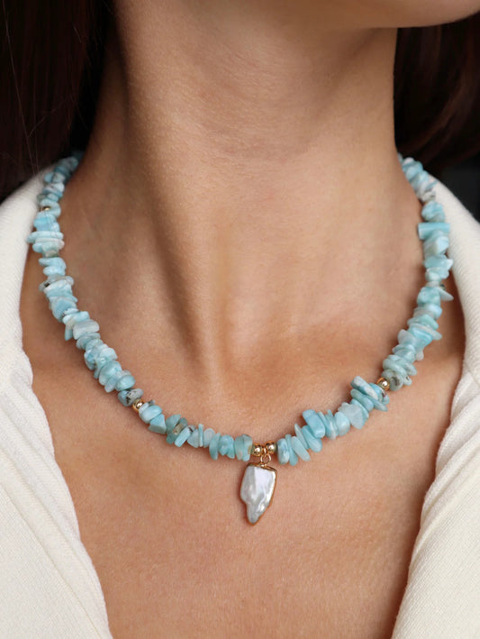 Aquamarine Necklace | Mother of Pearl Pendant | Clarity & Intuition
